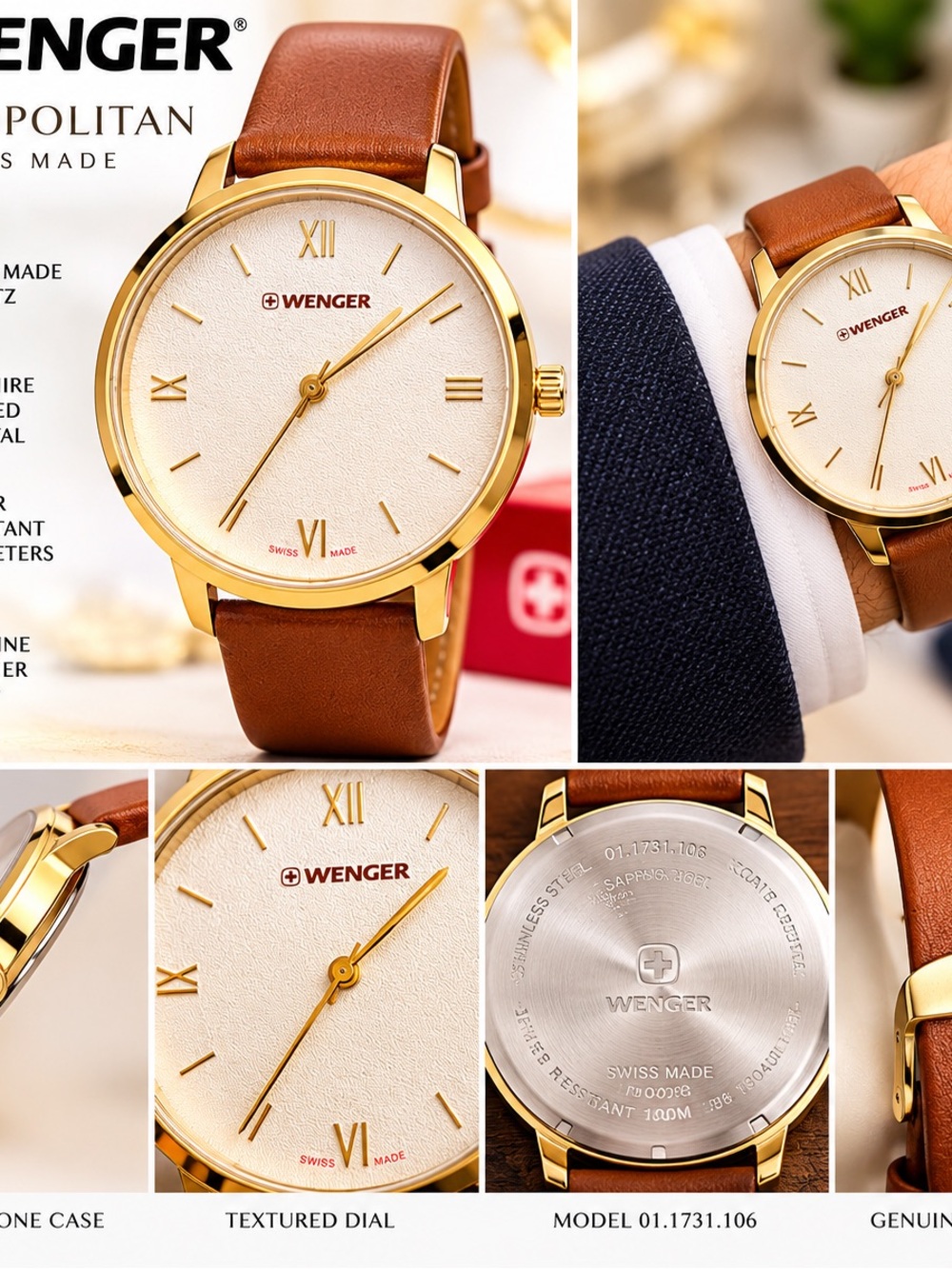 Wenger Gold Case Ivory Dial Brown Leather Men’s Watch